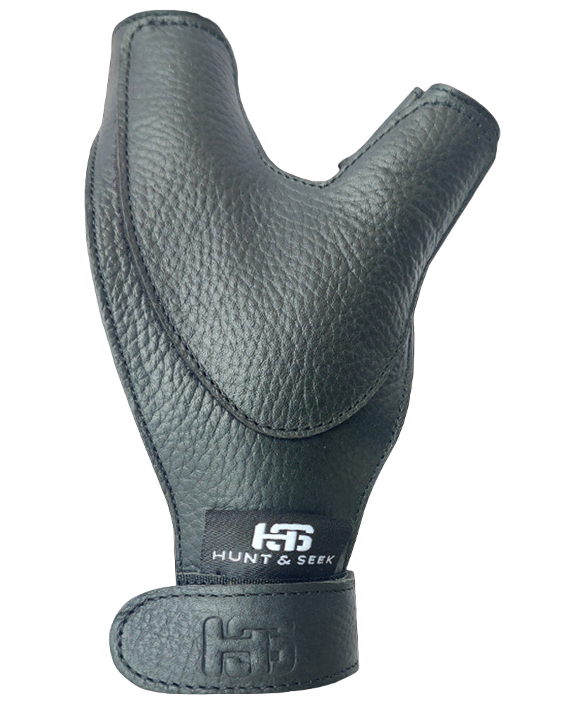Black thick cow leather archery hand guard protector with the Hunt & Seek logo, designed for use with traditional long recurve and compound bows.