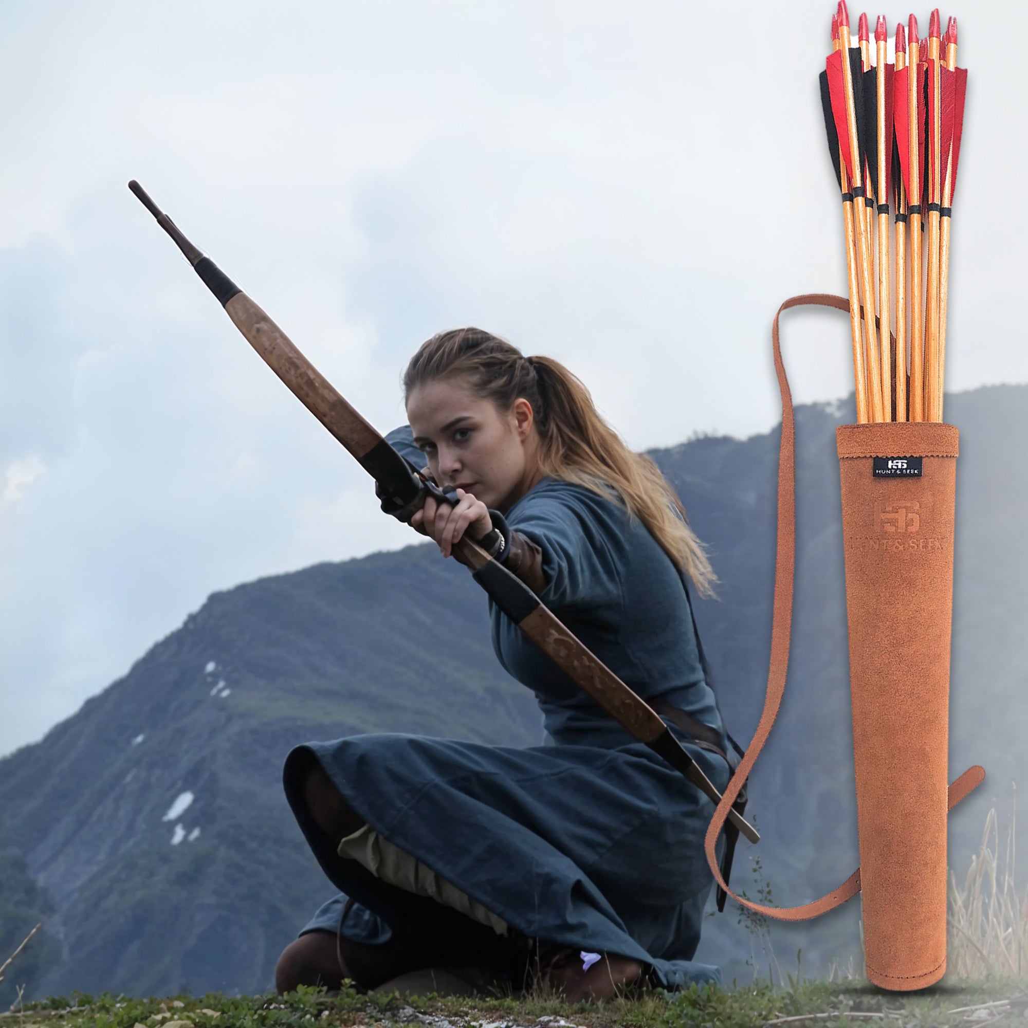 17-inches Cow Suede Leather Back/Shoulder Arrow Quiver